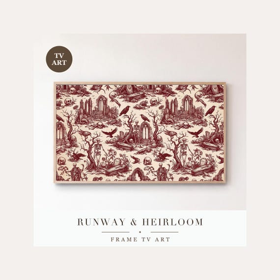 Macabre Toile Pattern Frame TV Art, Samsung Frame TV Art Gothic Toile de Jouy Repeat, Oxblood H…