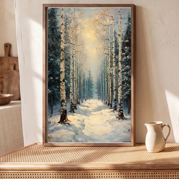 Birch Grove in Winter Antique Oil Painting — view 5