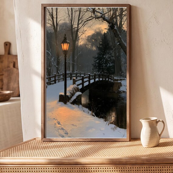 Snowy Footbridge Antique Oil Painting — view 5
