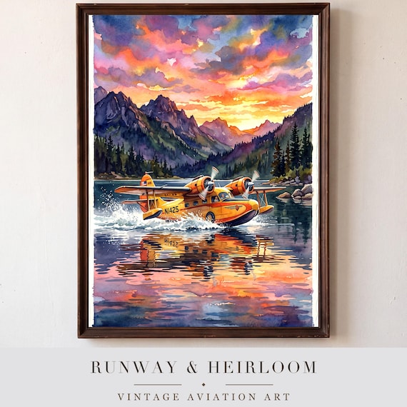 Vintage Seaplane Watercolor Print — aviation wall art print