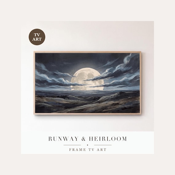 Low Full Moon Frame TV Art, Samsung Frame TV Art Soft Nocturne Painting, Minimalist Night Sky D…