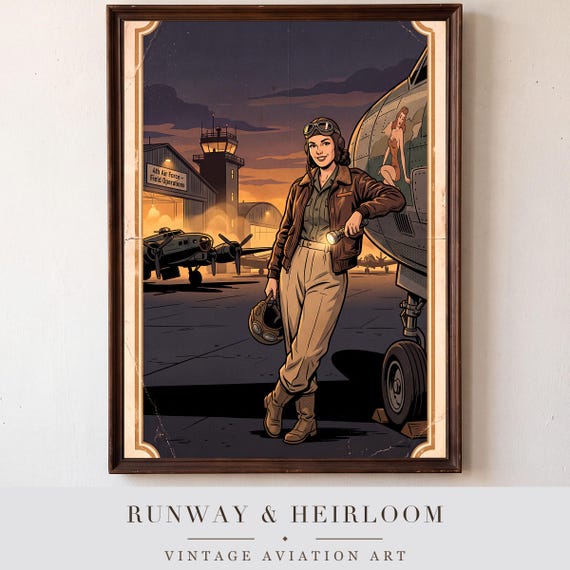 Night Flightline Pin Up Print Vintage Aviation Pinup Wall Art Retro WWII Poster Digital Download Aircraft Airplane Warbird History &mdash; printable wall art