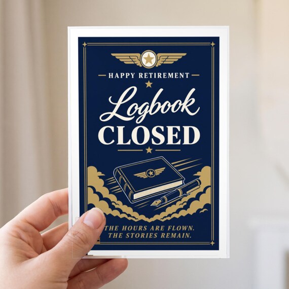 Logbook Closed Pilot Retirement Card Printable Happy Farewell Digital Download Aviation Captain Gift Flight Crew Party Keepsake Dad Men &mdash; view 2