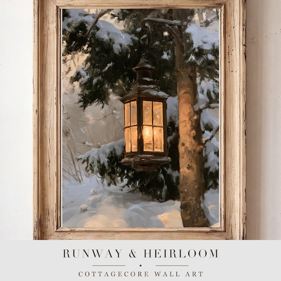 Lantern in a Snowfall Antique Oil Painting