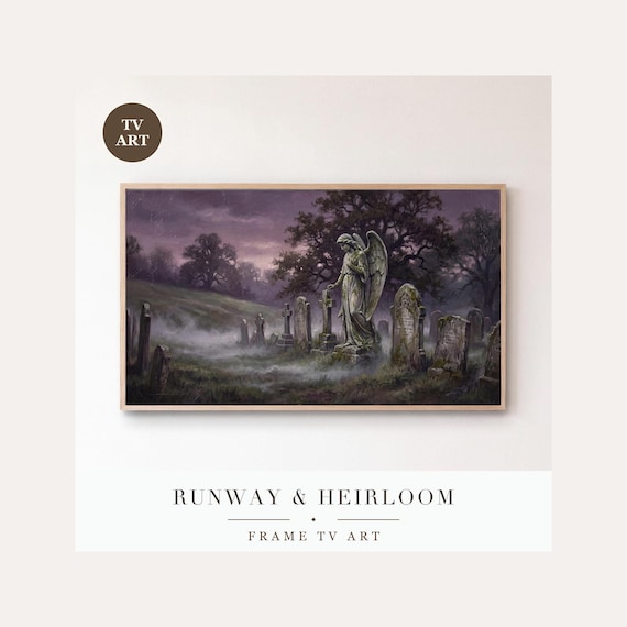 Stone Angel Frame TV Art, Samsung Frame TV Art Romantic Gothic Cemetery Oil Painting, Moody Hal…