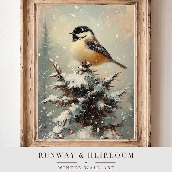 Chickadee in Frost Antique Oil Painting