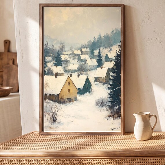 Snowy Village Rooftops Antique Oil Painting — view 5