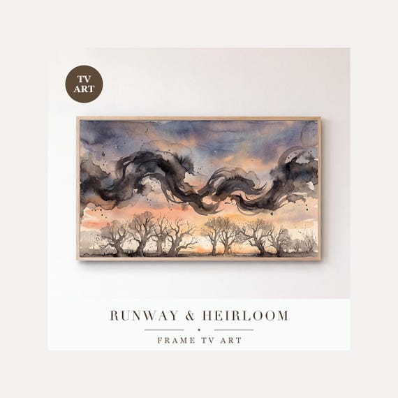 Murmuration Over Trees Frame TV Art, Samsung Frame TV Art Starling Flock Ink Wash, Moody Autumn…
