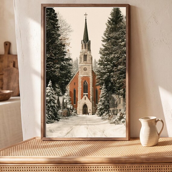 Snowy Village Church Watercolor Art Print — view 5