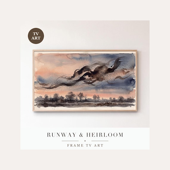 Starling Stragglers Frame TV Art, Samsung Frame TV Art Murmuration Ink Wash Painting, Moody Aut…