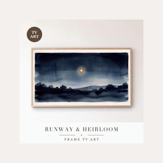 Star Over the Hills Frame TV Art, Samsung Frame TV Art Minimalist Night Sky Nocturne, Gold Star…