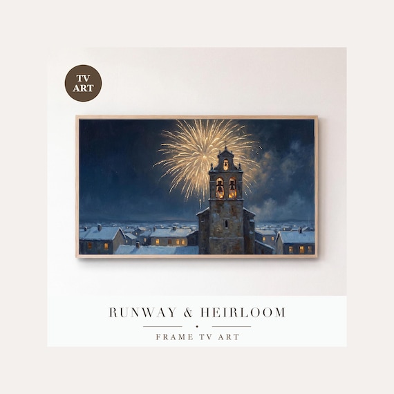 Church Tower Fireworks Frame TV Art, Samsung Frame TV Art Snowy Skyline Nocturne, Midnight Cele…