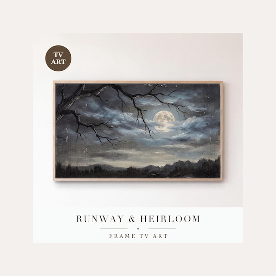 Moon and Bare Branch Frame TV Art, Samsung Frame TV Art Soft Nocturne Painting, Minimalist Hall…