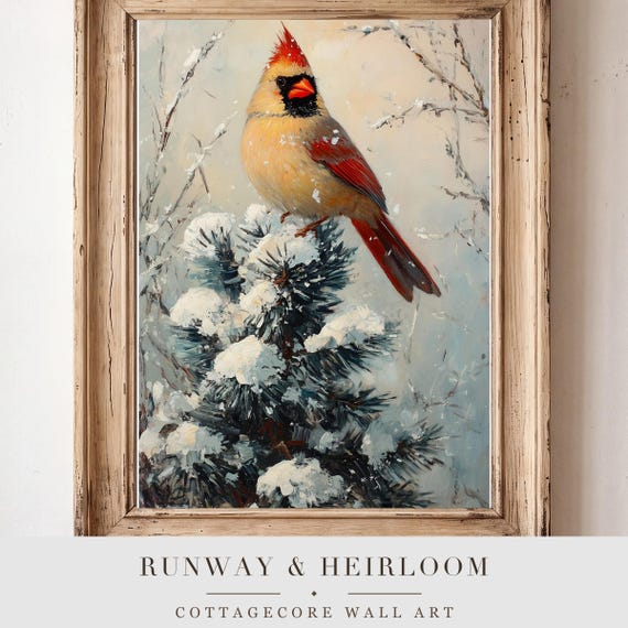 Cardinal on a Snowy Pine Antique Oil Painting