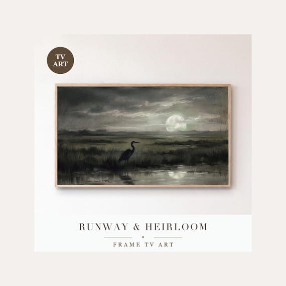 Heron at Moonrise Frame TV Art, Samsung Frame TV Art Tonalist Marsh Nocturne, Moody Halloween D…