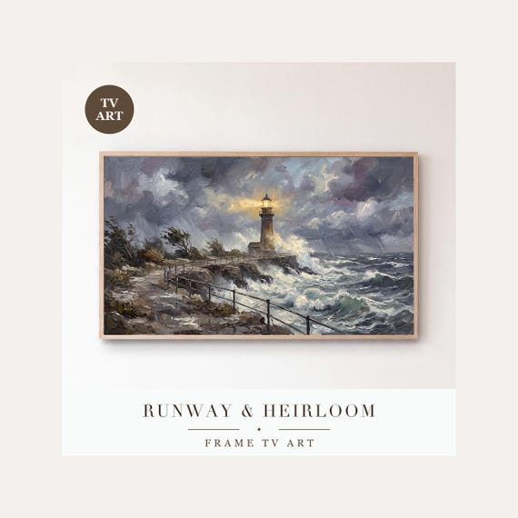 Cliff Path to the Lighthouse Frame TV Art, Samsung Frame TV Art Moody Marine Oil Painting, Stor…