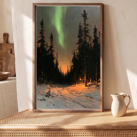 Northern Lights Over Pines Antique Oil Painting — view 5