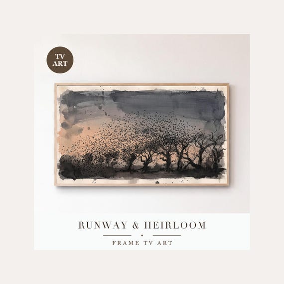 Starlings Settling Frame TV Art, Samsung Frame TV Art Murmuration Ink Wash Painting, Moody Autu…
