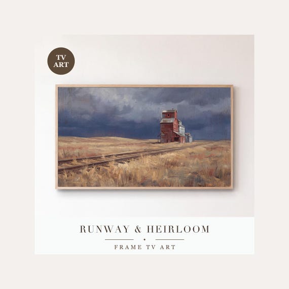 Grain Elevator Frame TV Art, Samsung Frame TV Art Snowstorm Tonalist Oil Painting, Rustic Prair…
