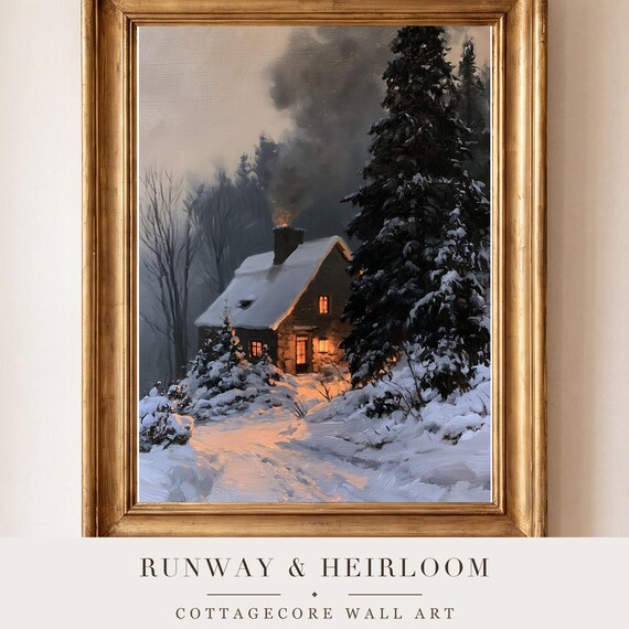 Snowy Stone Chimney Antique Oil Painting — view 4