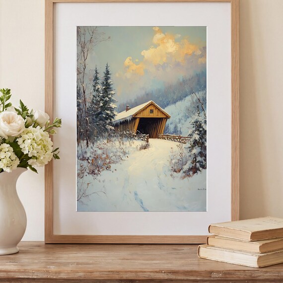 Covered Bridge in Winter Antique Oil Painting — view 2