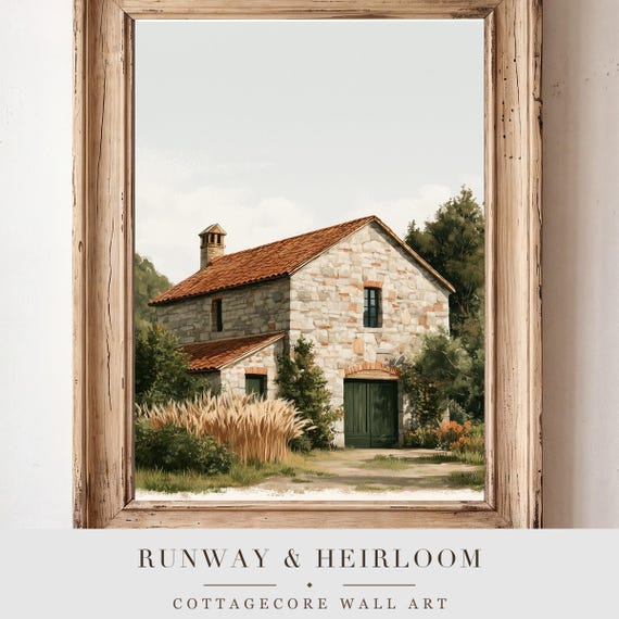 Stone Barn with Wheat Sheaves Watercolor Print
