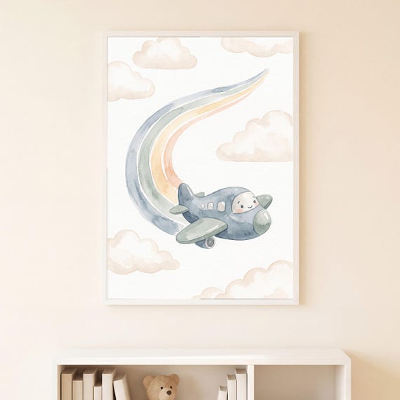 Rainbow Contrail Print Kids Room Airplane Art Nursery Digital Download Baby Decor Shower Gift Watercolor Toddler Playroom Child Soft — view 5