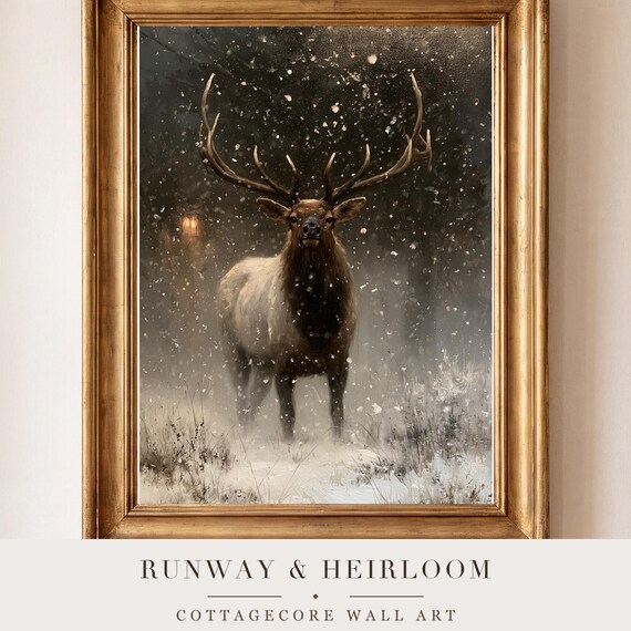 Bull Elk in Snow Antique Oil Painting — view 4