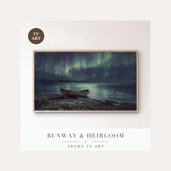Boat on Shingle Frame TV Art, Samsung Frame TV Art Northern Lights Fjord Painting, Nordic Winte…