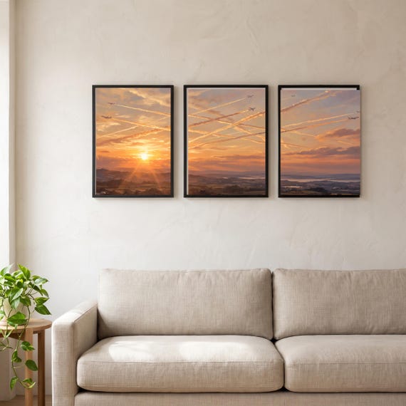 Contrail Sky Triptych Set of 3 Golden Hour Print Digital Download Aviation Airplane Decor Aircraft Modern Teen Bedroom Poster Pilot &mdash; printable wall art