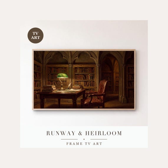 Reading Table Frame TV Art, Samsung Frame TV Art Gothic Library Oil Painting, Dark Academia Boo…