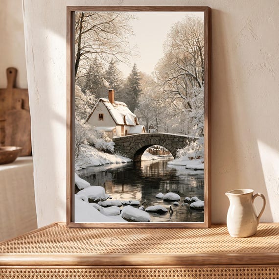 Snowy Stone Bridge & Cottage Watercolor Print — view 5