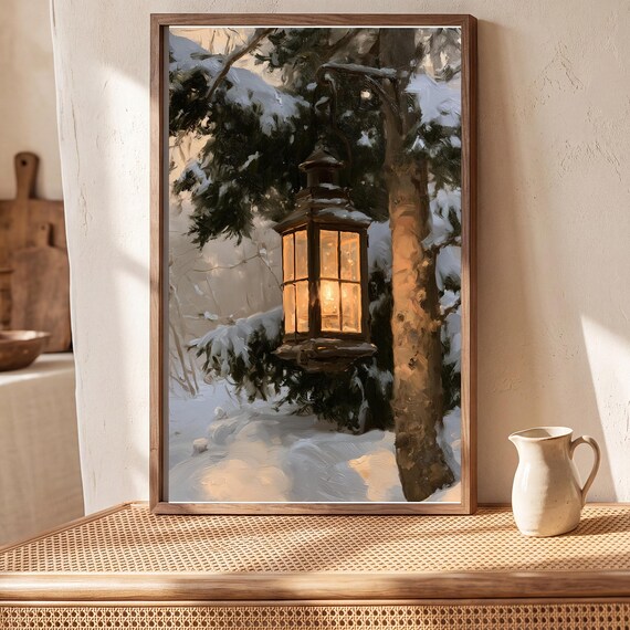 Lantern in a Snowfall Antique Oil Painting — view 5