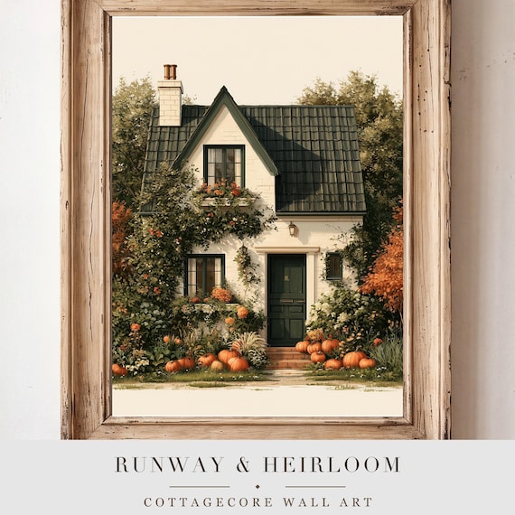 Autumn Cottage with Pumpkins Watercolor Print