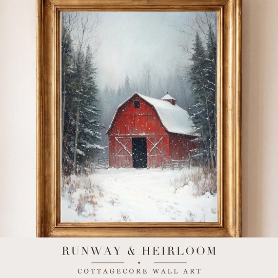 Red Barn in Snow Antique Oil Painting — view 4