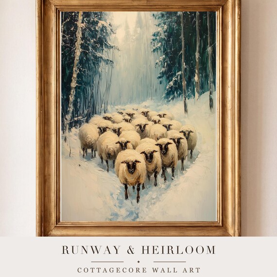 Sheep Huddled in Snow Antique Oil Painting — view 4