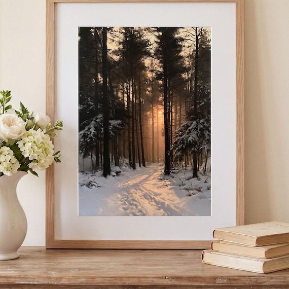 Snowy Pine Forest Antique Oil Painting — view 2
