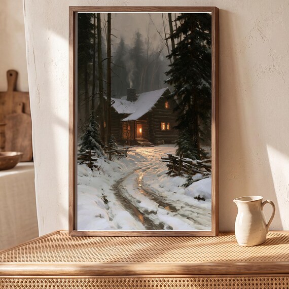 Snowy Log Cabin Antique Oil Painting Print — view 5