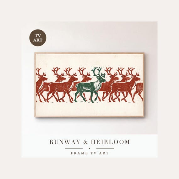 Reindeer Block Print Frame TV Art, Samsung Frame TV Art Nordic Christmas Folk Print, Hygge Holi…