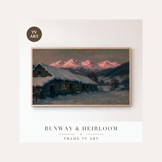 Alpine Byre Frame TV Art, Samsung Frame TV Art Mountain Winter Oil Painting, Vintage Chalet Dec…