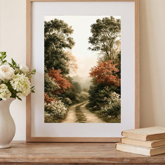 Misty Autumn Cottage Lane Watercolor Art Print — view 2