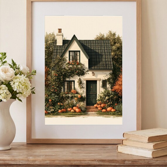 Autumn Cottage with Pumpkins Watercolor Print — view 2