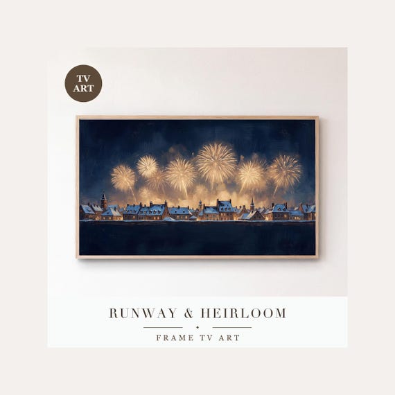 New Years Fireworks Frame TV Art, Samsung Frame TV Art Snowy Skyline Nocturne, Midnight Celebra…