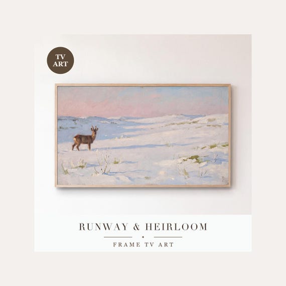 Deer in Snow Frame TV Art, Samsung Frame TV Art Snowy Woodland Oil Painting, Minimalist Winter …