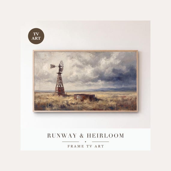 Prairie Windmill Frame TV Art, Samsung Frame TV Art Snowstorm Tonalist Oil Painting, Rustic Far…