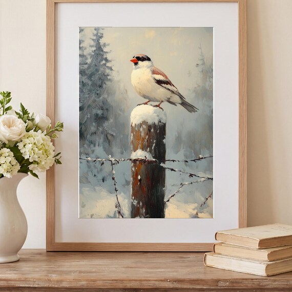 Snow Bunting on a Fence Antique Oil Painting — view 2