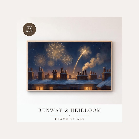 Rocket Trail Frame TV Art, Samsung Frame TV Art Snowy Skyline Nocturne, New Years Midnight Cele…