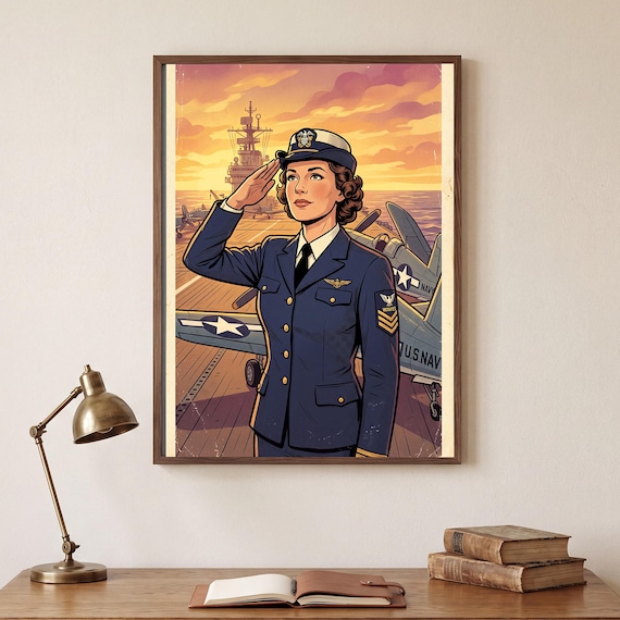 Navy Aviatrix Pin Up Print Retro WWII Poster Vintage Aviation Pinup Wall Art Digital Download Aircraft Decor Warbird Hangar Office &mdash; view 5