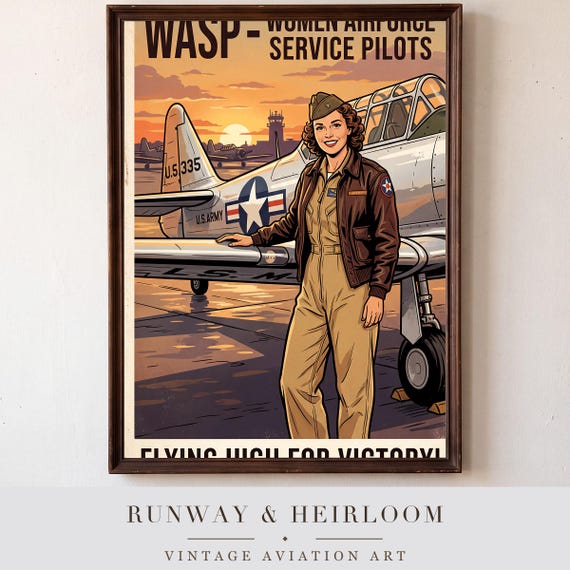 WASP Pilot Pin Up Print Vintage Aviation Pinup Wall Art Retro WWII Poster Digital Download Aircraft Airplane Warbird Hangar Office &mdash; printable wall art