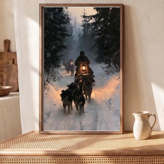 Sled Dog Team Antique Oil Painting — view 5